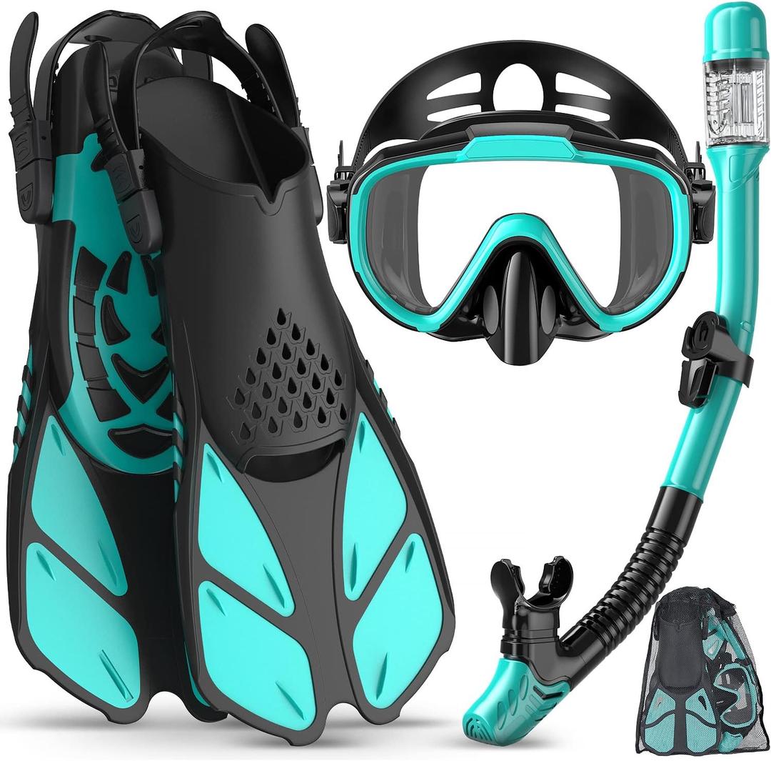 Snorkeling Gear for Adults Men Women,4 in 1 Snorkel Set with Panoramic View Diving Mask Anti-Fog Anti-Leak,Dry Top Snorkel,Fins and Travel Bag for Swimming,Snorkeling and Travel Diving (ML/XL, GREEN)