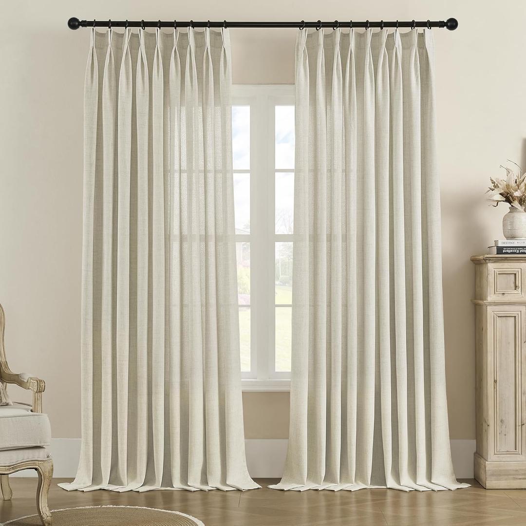 MASWOND Linen Pinch Pleated Semi Sheer Curtains 52W x 90L Inches, Linen Light Filtering Window Curtains for Living Room Bedroom, Pinch Pleat Drapes Easy Hanging Via Hooks (Linen, 1 Panel) (52"W x 90"L (Pack of 1), Flax Linen)