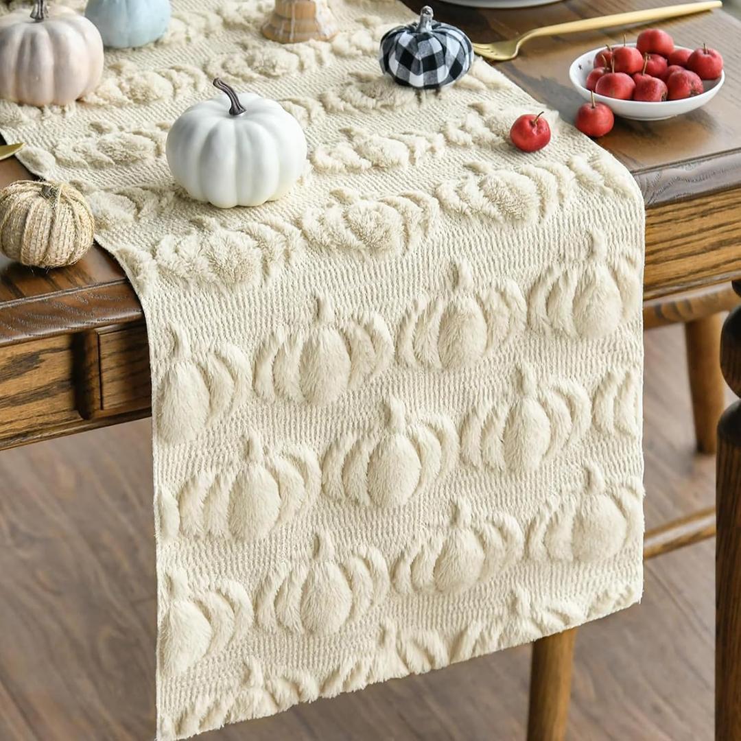 Fall Table Runner, Off White Pumpkins 3D Faux Fur Table Runners, Soft Thanksgiving Halloween Table Decor for Indoor Outdoor, Autumn Home Party Decor, 13*37 Inch