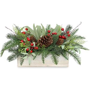 Christmas Centerpieces for Table, Mine Tree Pine Pinecones in Pot Artificial Xmas Plants with Red Seeds Eucalyptus Leaves in White Rectangular Wooden Pots for Christmas Table Decor
