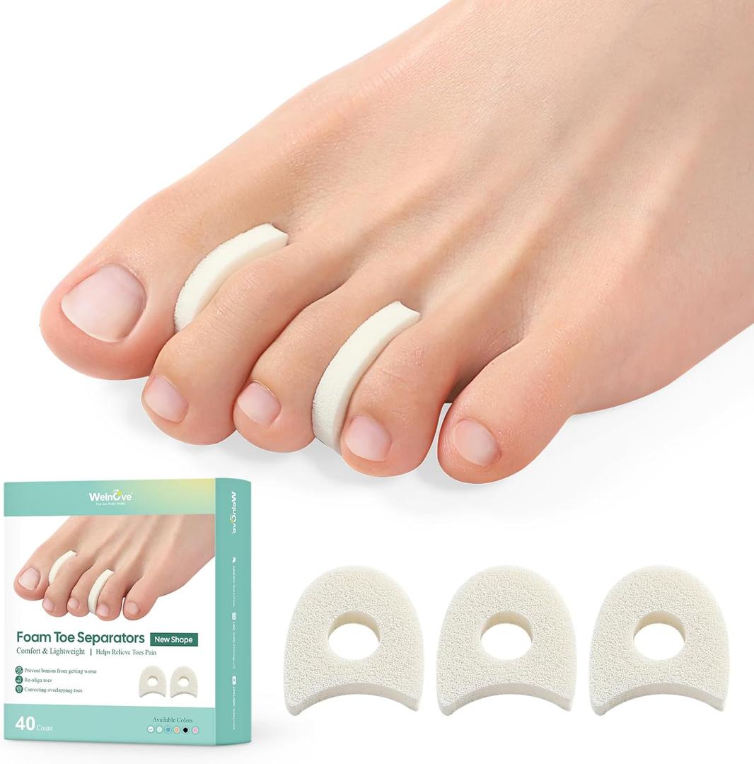 Welnove Foam Toe Separators - 40 Pack Toe Spacers for Corn, Blister, and Hammer Toe Relief - Breathable, Adhesive Options for Pain from Bunions, and Toe Overlap, Toe Spacers for Men (Regular (40 pcs))
