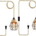 Industrial Hanging Light with Plug-in Cord - Hemp Rope On/Off Switch Farmhouse Pendant Light for Dining Room (2 PACK)