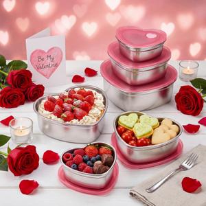 3 Pcs Heart Shaped Snack Box with Lid Mixed Size 12oz 30oz 64oz Snackle Container Stainless Steel Cake Fruit Dessert Food Storage Box Reusable Love Lunch Bento for Picnic Office(semi-sealed)