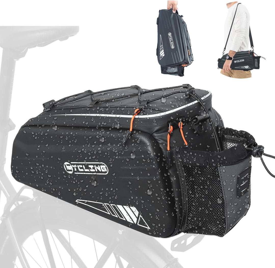 Bike Bags for Bicycle Rear Rack - 10L EVA Hard Shell Waterproof 3-in-1 Ebike Trunk Cargo Pannier Bag with Reflective Strip & Shoulder Strap for Commuter Travel Outdoor Cycling Accessories