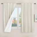 LAMIT 100% Blackout Short Linen Curtains, 48 Inch Length Linen Textured Thermal Curtains Back Tab and Rod Pocket Neutral Panels with White Liner for Small Window, 2 Panels, 42 x 48 Inch, Ivory