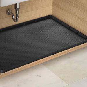 Under Sink Mat - 28" x 22" Waterproof Kitchen Cabinet Tray - Flexible Silicone Under Sink Liner - Kitchen Bathroom Cabinet Mat and Protector for Drips Leaks Spills (Black)