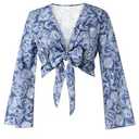 Yousify Women's Floral Long Sleeve Blouses Summer Boho Tie Front V Neck Shirts Crop Tops (Medium)