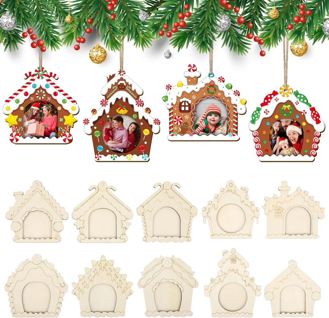 COCHIE Wooden Christmas Photo Ornaments Crafts to Paint for Christmas Tree Decorations, Color Your Own Xmas Picture Frame Hanging Ornament Craft for Painting Set of 10 (Gingerbread House)