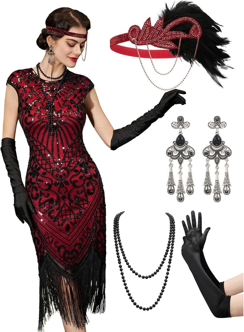 YESSA 1920s Flapper Dresses for Women Great Gatsby Dress Roaring 20s Costumes Sequin Harlem Nights Dress with 20s Accessories (M)