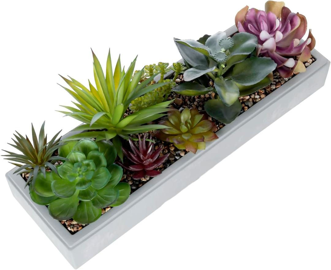 MyGift 15 Inch Mixed Color Assorted Artificial Succulent Plant Arrangement in Modern Gray Clay Planter Tray