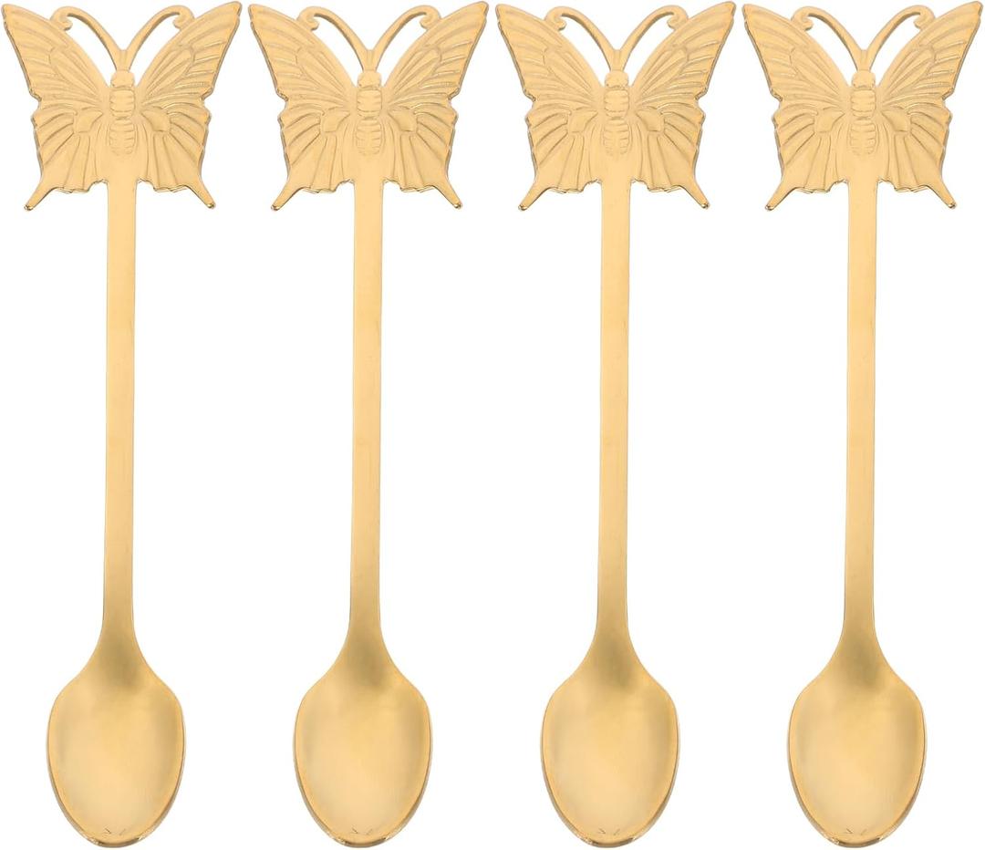 4pcs Golden Stainless Steel Butterfly Long Handle Mixing Spoons 5.31 Inch Coffee Dessert and Salad Spoons for Home and Party Use Easy to Clean