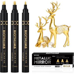 3Pcs Liquid Chrome Paint Markers, Gloss Mirror Marker, Oil-based Permanent Chrome Maker, Reflective Metallic Pen Markers for Repairing, Model Painting DIY Art Projects, Gold