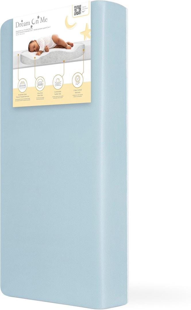 Dream On Me Snuggles Extra Firm Dual-Sided Baby Crib Mattress with Breathable Fabric, Water & Odor Resistant, GREENGUARD Gold Certified, Fits Mini & Portable Cribs (38x 24x 3) - Blue Mist