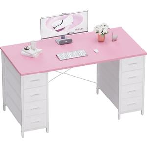 Pamray 47 Inch Computer Desk with 8 Fabric Drawers PC Gaming Desk Home Office Study Work Writing Table for Bedroom Pink