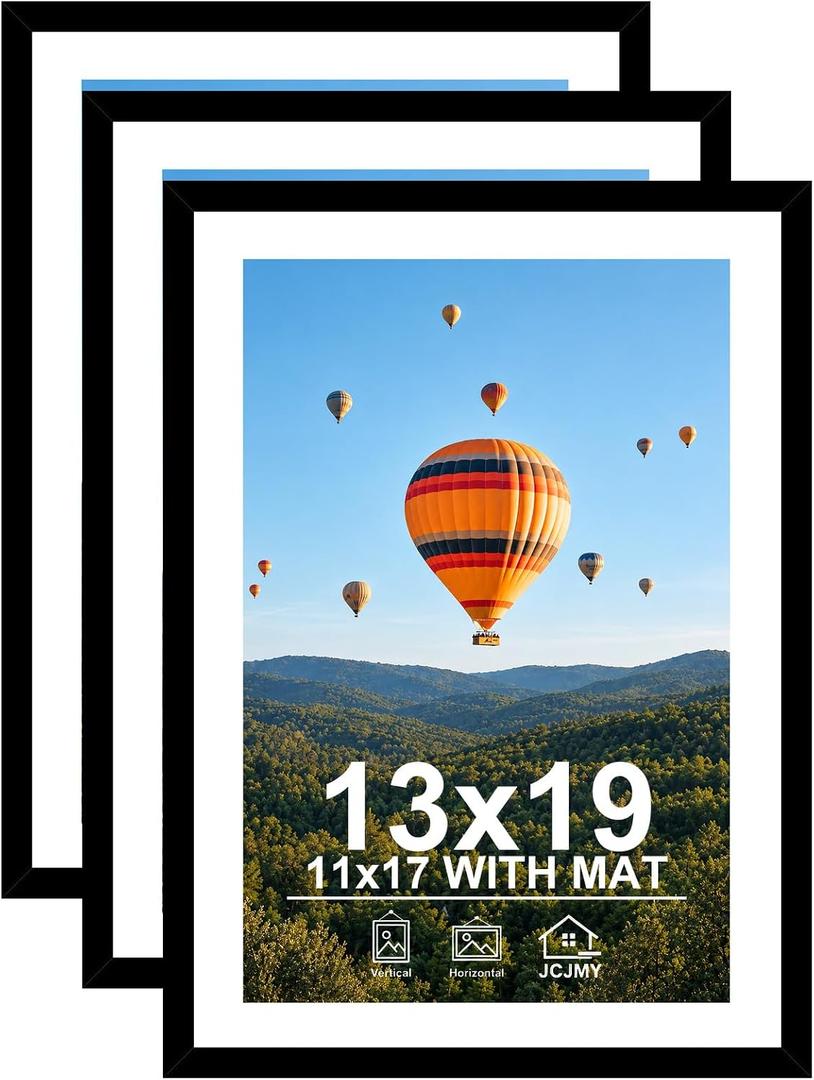 JCJMY 13x19 Picture Frame Set of 3 with 11x17 Mat, Black 13 x 19 Poster Frames with Shatter Resistant Plexiglass, Display 11 x 17 with Mat or 13 by 19 Without Mat, Sturdy Wall Hanging Frames
