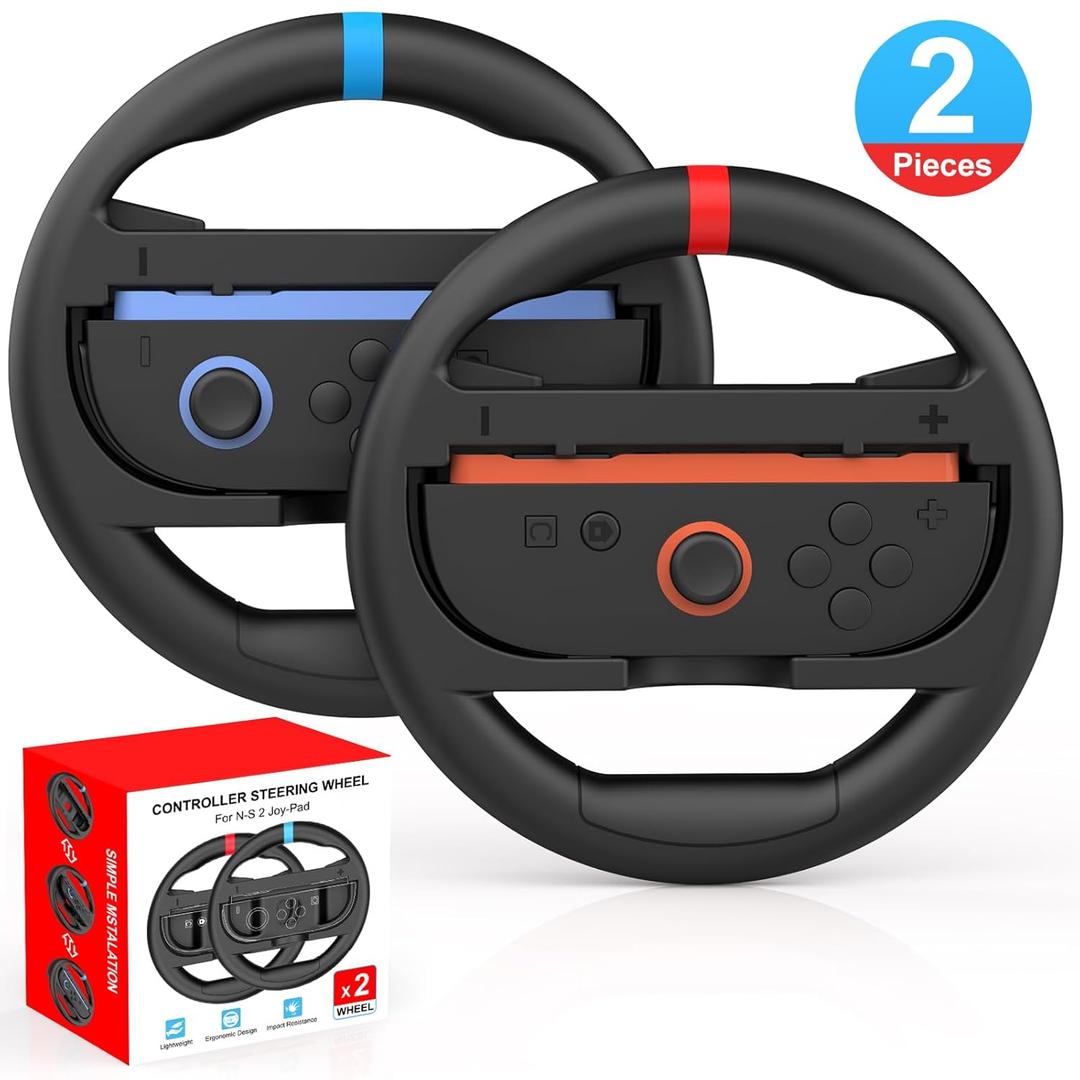 IEFROM 2-Pack Switch Steering Wheel, Black Joy-Con Grip for Mario Kart 8 Deluxe & Mario Kart 9, Plug-and-Play Racing Controller, Ideal Gift Accessory