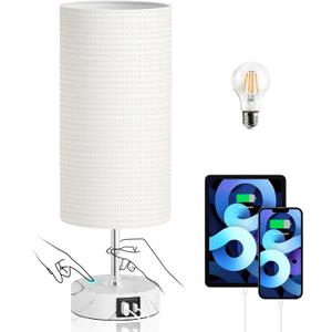 3-Way Dimmable Bedside Touch Lamp - USB-C and USB-A Ports, Faux Marble Base, White Shade with Silver Thread, Includes 8W LED Bulb for Bedroom, Living Room, Desk