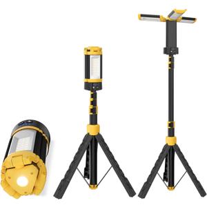 LHOTSE Rechargeable Camping Light with Stand, 83" Tall Portable 3000 Lumens Cordless Work Light with 3 LED Lamps Head & Detachable Tripod, 9AH Battery LED Work Light Dimmable with Travel Bag