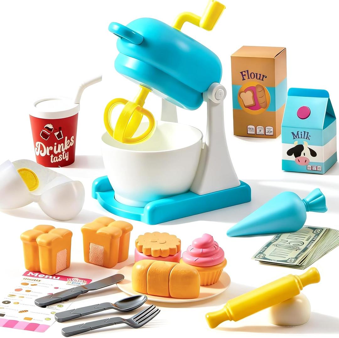 lalalark Whisk n' Bake Bakery Mixer Playset, 16 Pieces Toy Kitchen and Food Accessories with Play Money and Menu, Role Play Toys for Girls Boys, Birthday Gift for Kids
