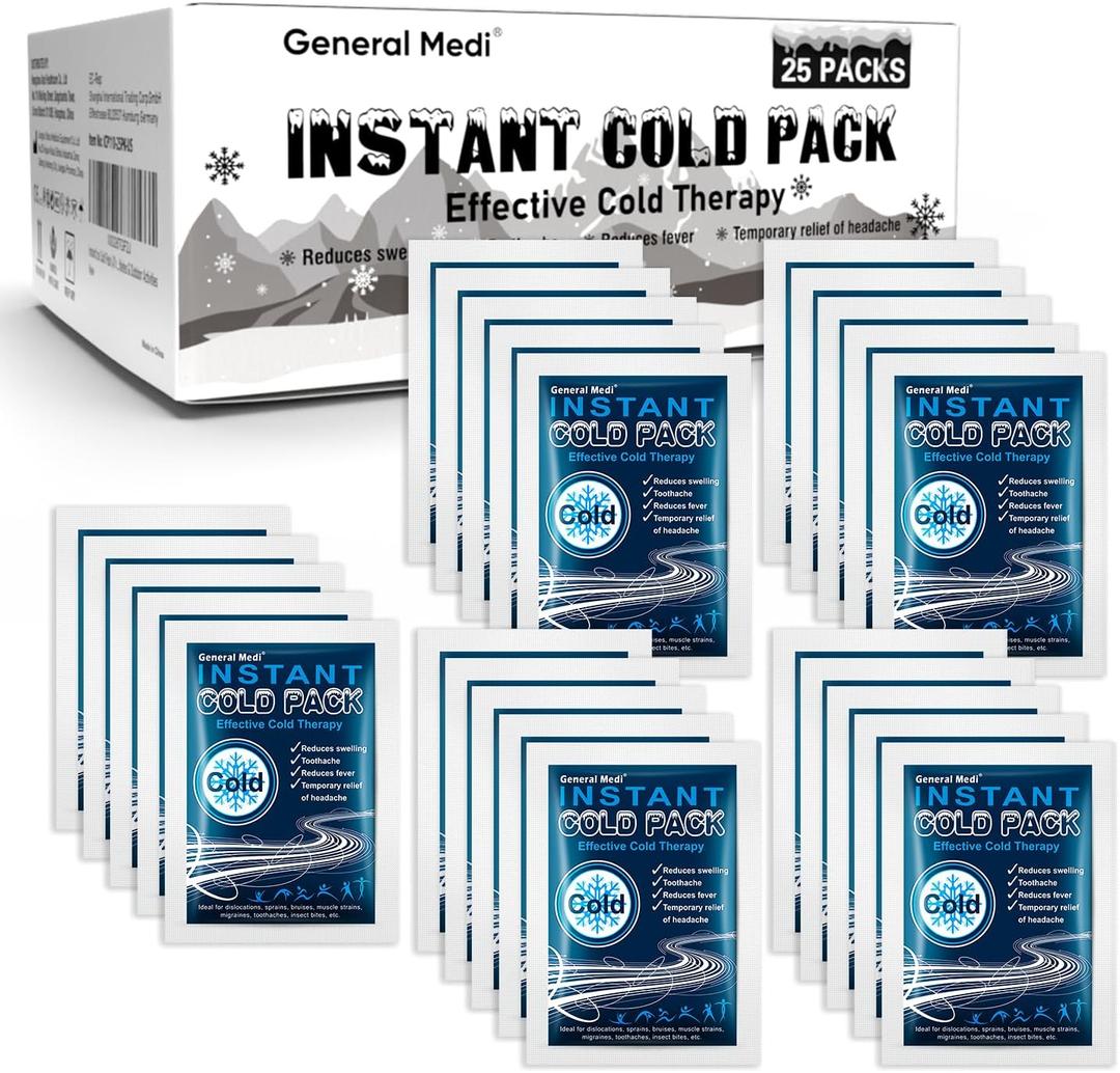 General Medi Instant Ice Cold Pack (4x 5.5)  25 Packs Disposable Cold Therapy Ice Packs for Pain Relief, Swelling, Inflammation, Sprains, Toothache  for Athletes & Outdoor Activities