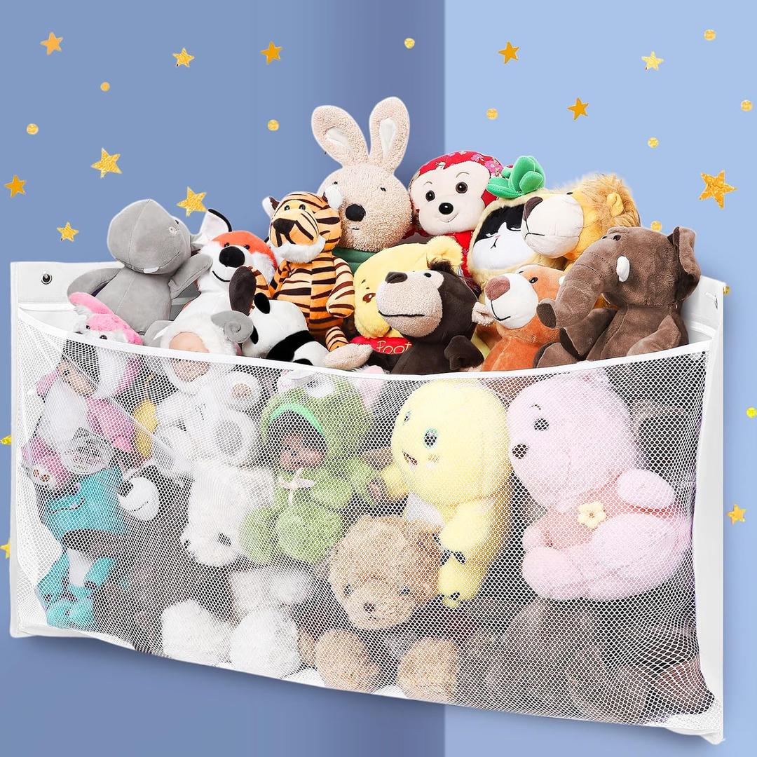 ANROYE Large Corner Stuffed Animal Storage, Kids Plushies Toy White Wall Hammock for Girls Room, Baby Squishmallow Holder for Nursery, Organizer Idea for Bear Hanging Display Boy Gift (1PCS)