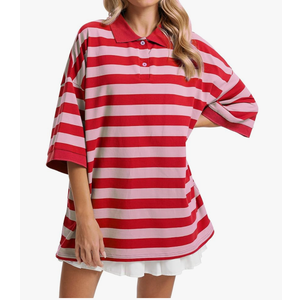 Womens Striped Polo T-Shirts Oversized Short Sleeve Top Cotton Color Block Loose Basic Tee Casual Tunics Summer Spring Tops, Size M