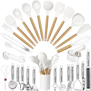Cooking Utensils Set- 35 PCs Kitchen Utensils with Grater,Tongs, Spoon Spatula &Turner Made of Heat Resistant Food Grade Silicone and Wooden Handles Kitchen Gadgets Tools Set for Cookware (White)