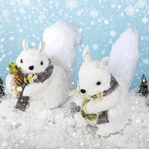2 Pack 9 Inches Christmas White Sisal Squirrel Figurines Winter Decor Woodland Squirrel Desktop Centerpiece Rustic Forest Animals Tabletop Decoration Seasonal Gift