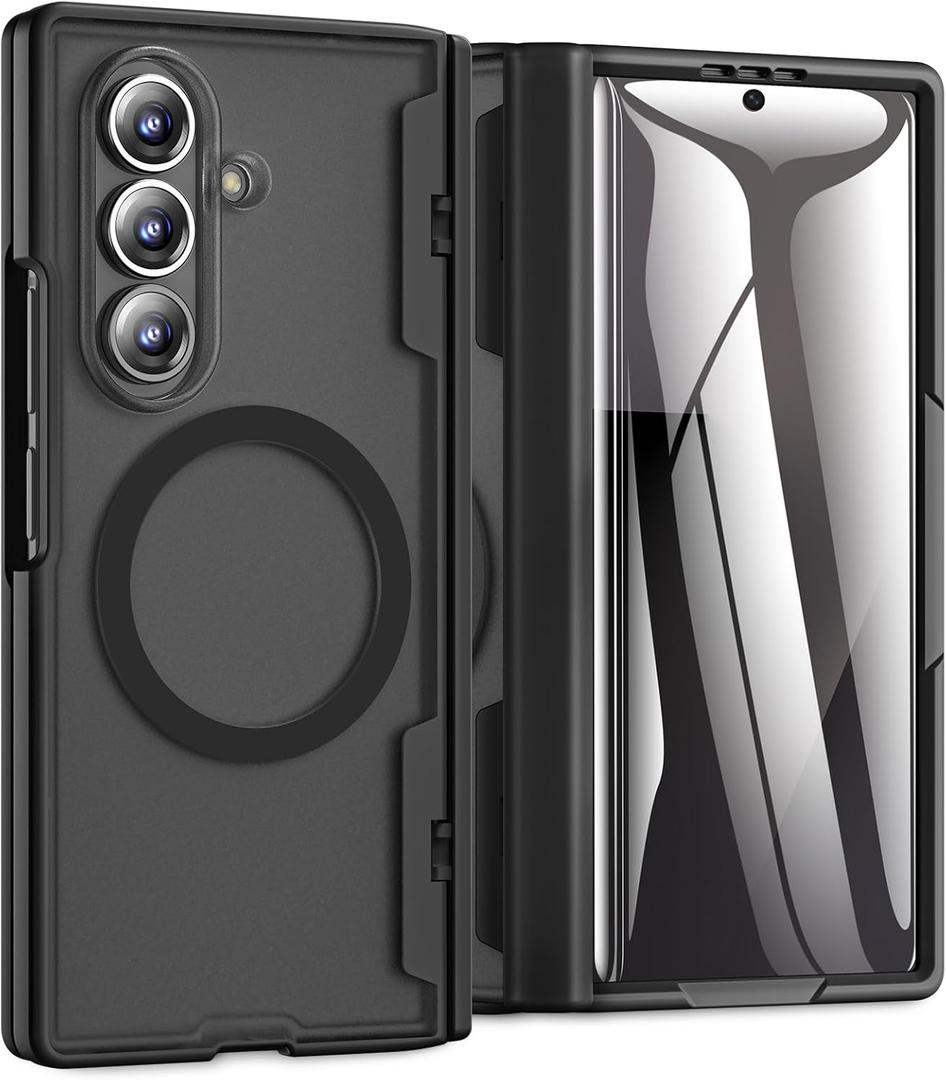 for Samsung Galaxy Z Fold 7 Case [Compatible with MagSafe] [Hinge Protection] [Built-in HD Screen Protector] Translucent Hard Shockproof Magnet Phone Cover for Zfold 7 - Black