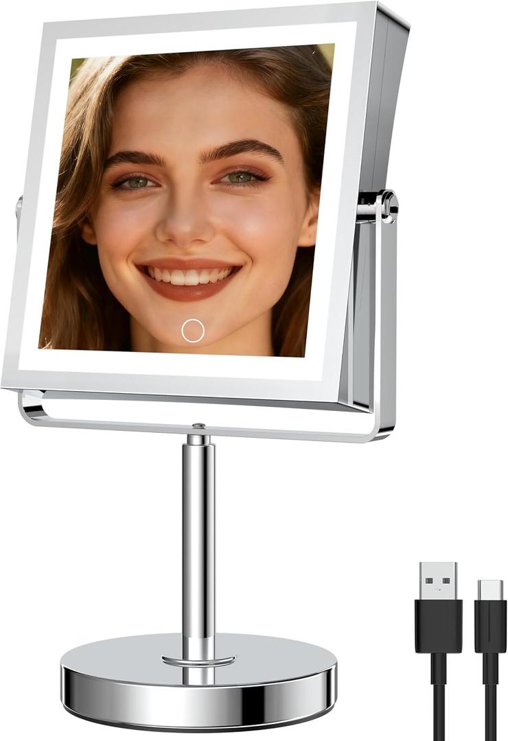 JIONIESIM Series 1X/10X Makeup Mirror with Lights, Double Sides Lighted Magnifying Mirror with 3 Colors, Height & Brightness Adjustable, Rechargeable 4000mAh Vanity Mirror (Chrome)