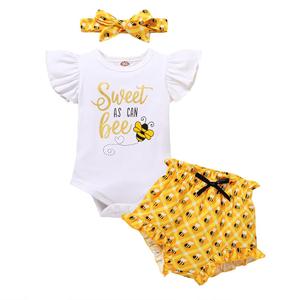 YOUNGER TREE Infant Baby Girl 1st Birthday Outfits Bumble Bee Printed One Romper Shorts Headband Summer Ruffle Sleeve Clothes 12-18 Months