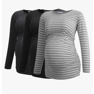 Smallshow Women's Maternity Shirts Long Sleeve Pregnancy Clothes Tops 3-Pack Medium Black-Deep Grey-Light Grey Stripe