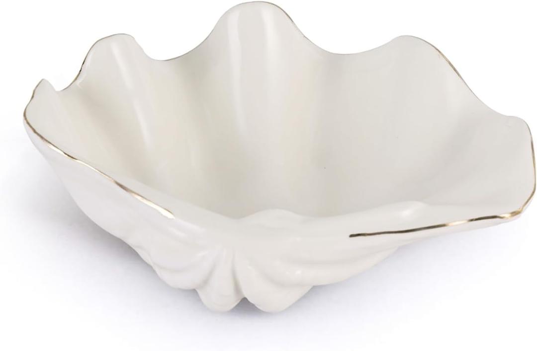 White Shell Decorative Bowl  7.9" Resin Clam Shell with Gold Rim, Coastal Centerpiece for Bathroom Vanity, Entryway, or Living Room, Jewelry Holder, Key Tray, Fruit Bowl, Beach House Decor