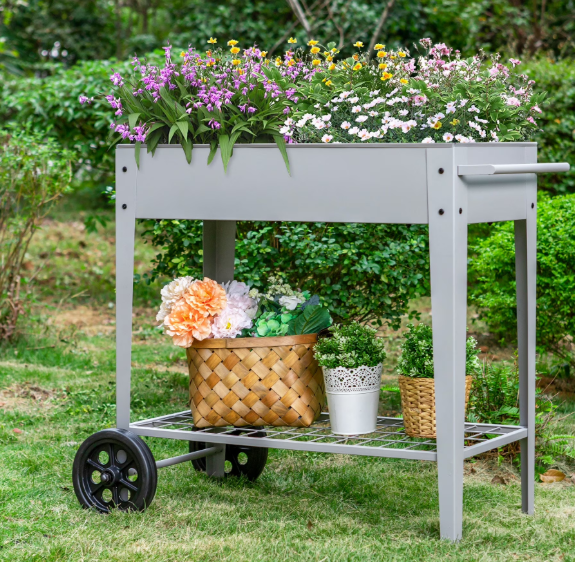 Raised Planter Box with Legs Outdoor Elevated Garden Bed on Wheels-Gray