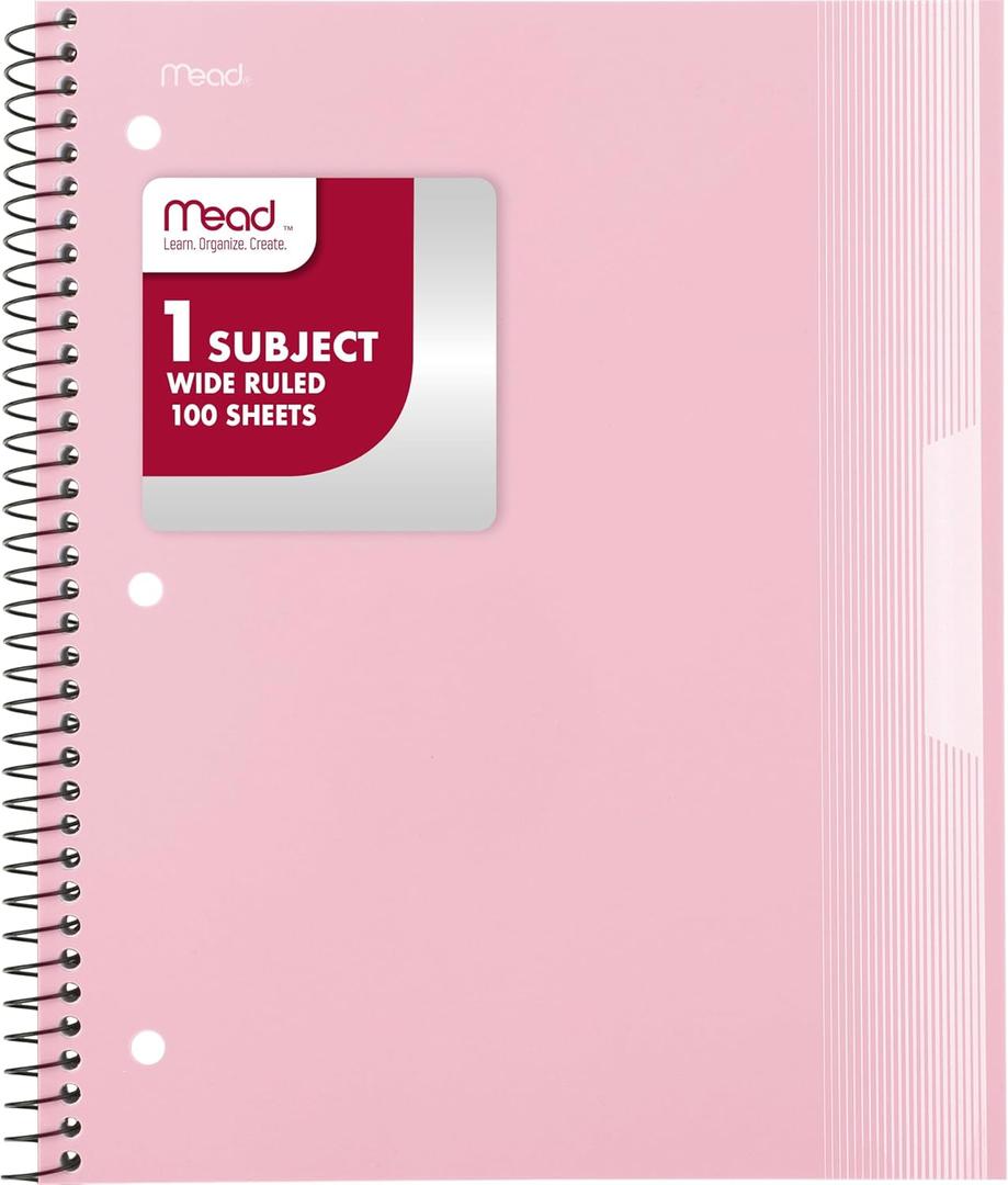 Mead Spiral Notebook, 1 Subject, Wide Ruled Paper, Plastic Cover, 8" x 10-1/2", 100 Sheets, Pastel Pink (930092B)