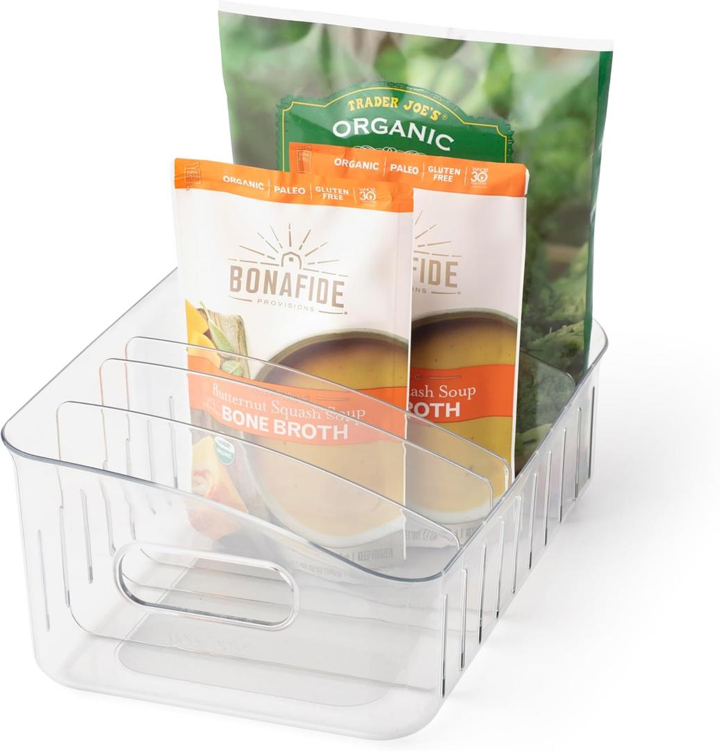 YouCopia FreezeUp Freezer Bin 12", BPA-Free Fridge Organizer with Adjustable Dividers and Handle for Frozen Food and Leftovers (12" Deep, Clear)