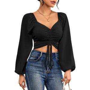 Rooscier Women's Drawstring V Neck Ruched Lantern Long Sleeve Tie Back Crop Top Blouse