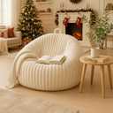 Honeydak Ribbed Rabbit Fur Stuffed Animal Storage Bean Bag Chair Cover (No Filler) Comfy Bean Bag Cover Without Filling or Home Bedroom Decor Organizing Plush Doll Textile Holder(Creamy White, L)