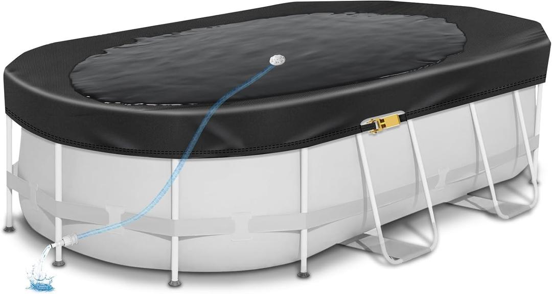 18 x 9Ft Oval Pool Cover for Above Ground Pools, Thickened 420D Pool Covers with Automatic Drain, Winter Pool Cover with Ratchet Buckle, Tear Resistant & Quick Installation