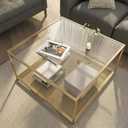Gold Glass Coffee Table, Square Coffee Tables with Storage Shelf, Simple Tea Cocktail Modern Center Tables for Small Space, Living Room, Easy Assembly, 26 * 26inGold, 2-Tier