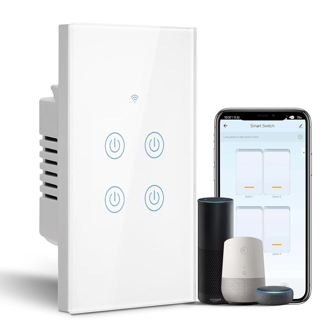 BSEED Smart Light Switch, 4 Gang WiFi Alexa Light Switch with Remote APP Control and Timing Function, Single Pole White Light Switches Work with Alexa, Google Assistant, Voice Control, Group Control