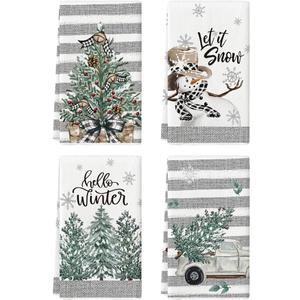 Artoid Mode Xmas Tree Truck Snowman Winter Kitchen Towels Dish Towels, 18x26 Inch Holiday Let It Snow Christmas Decoration Hand Towels Set of 4