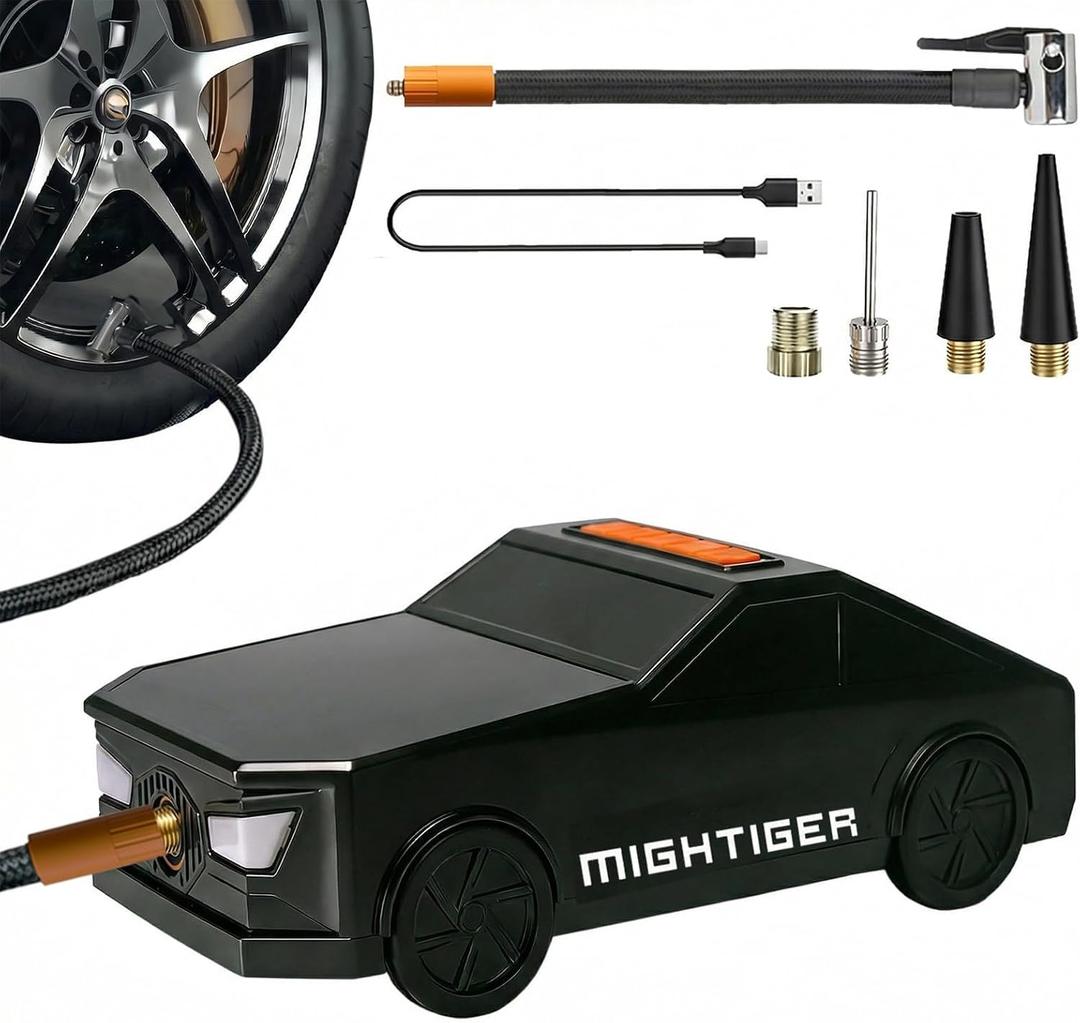 Portable Tire Inflator Car-Shaped Air Pump with Bluetooth, High-capacity Battery, Power Wireless Air Compressor with Built-in Speaker, Fast Inflation for All Types of Tires, Balls, and Toys