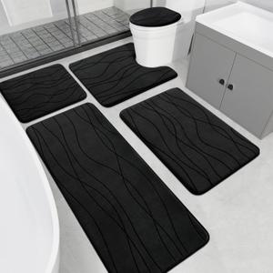 YIHOUSE Memory Foam Black Bathroom Rug Sets 5 Piece, Ultra Absorbent Bath Mat for Bathroom - Non-Slip Machine Washable & Dry Quickly, 5 Piece Bathroom Mat Set, Black, 1'8" x 3'10"
