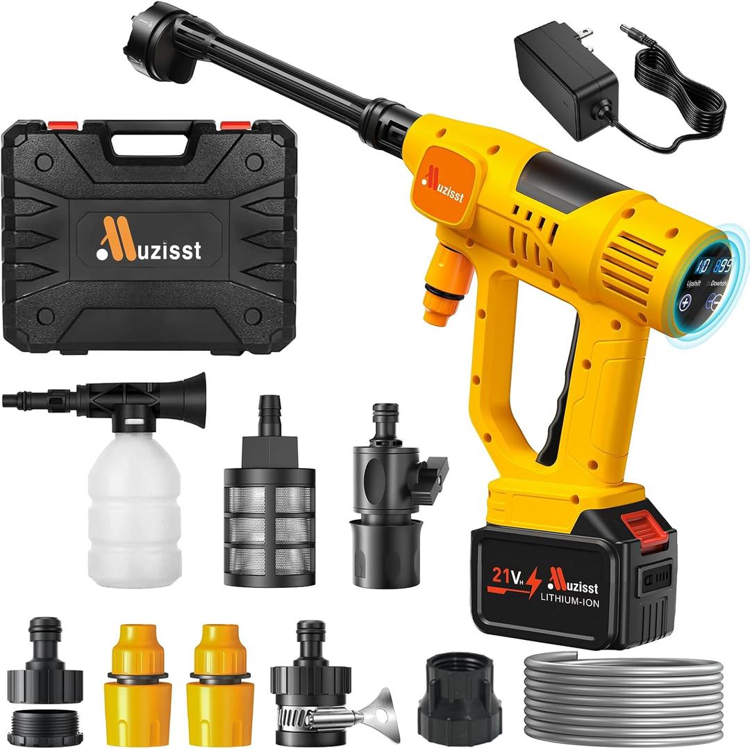 Cordless Car Washer, Portable Cleaning Tool with 6-in-1 Nozzle, 10-Speed Adjustment, Battery Level Display, Self-Priming System for Car, Garden, Patio & Floor Cleaning