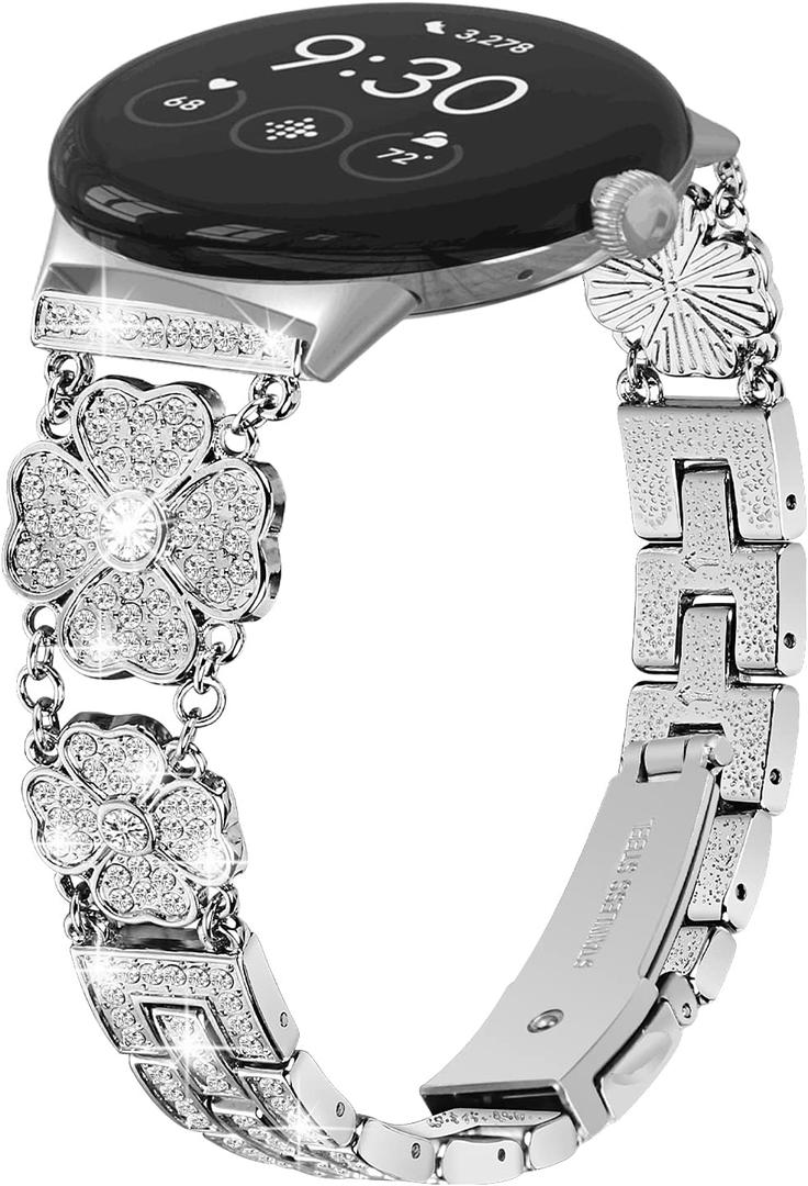 FitTurn Four-leaf lucky grass design Metal Watch Band Compatible with Google Pixel Watch 4 3 41mm/Pixel Watch 2 Replacement Wristbands Strap with Bling Crystal Rhinestone Band Strap (Silver)