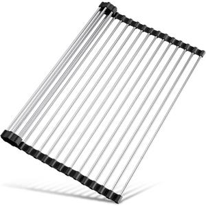 Tomorotec 17.7" x 15.5" Roll Up Dish Drying Rack Over Sink Drying Rack Sink Cover Kitchen Sink Accessories Gadget Multipurpose Organizer Foldable Stainless Steel Drainer (Black)