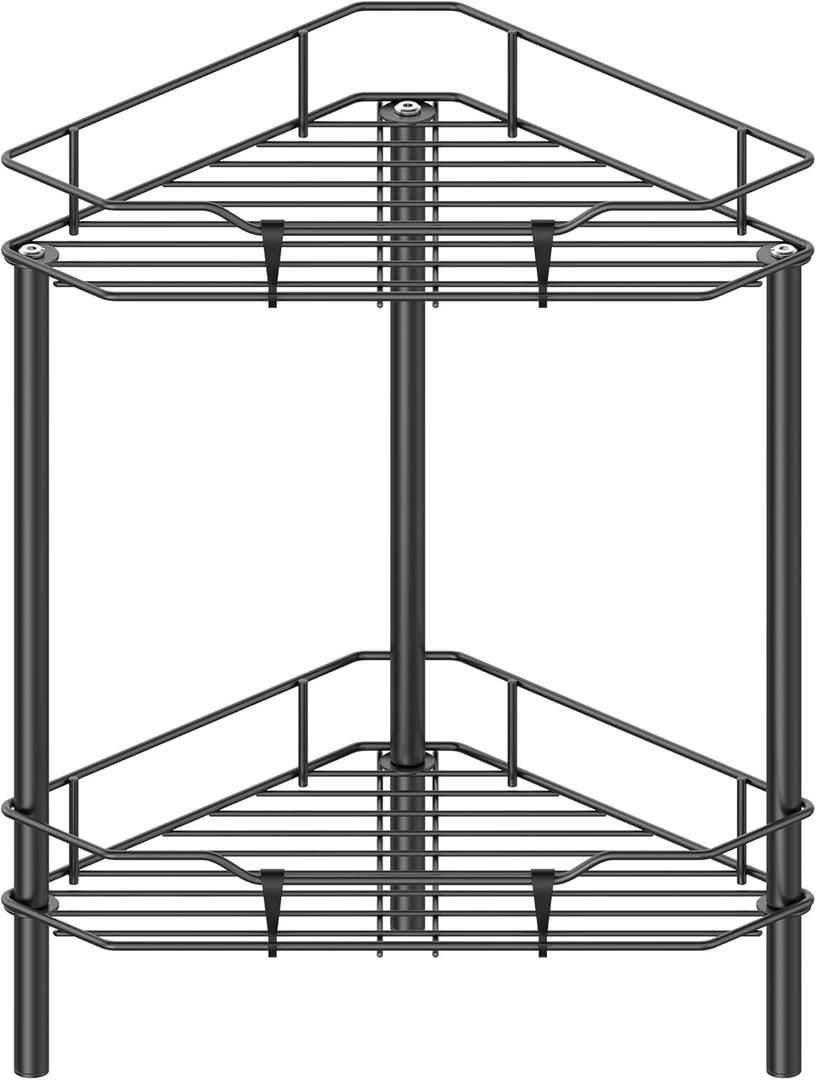 HuggieGems 2 Tier Floor Standing Corner Shower Caddy Organizer Shelf with Hooks, Bathroom Shelves Stand Rack, Black