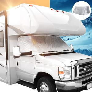 RV Windshield Window Cover for Class C Ford 1997-2021 Motorhome Windshield Snow Cover for RV Front Window Sunshade Cover RV Accessories 4 Layers with Mirror Cutouts Silver