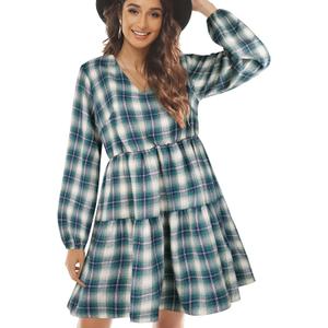 FANCYINN Womens Long Sleeve Buffalo Plaid Shift Tunic Dress Ruffle Hem Vneck Casual Swing Babydoll Mini Dress with Pockets (XS)